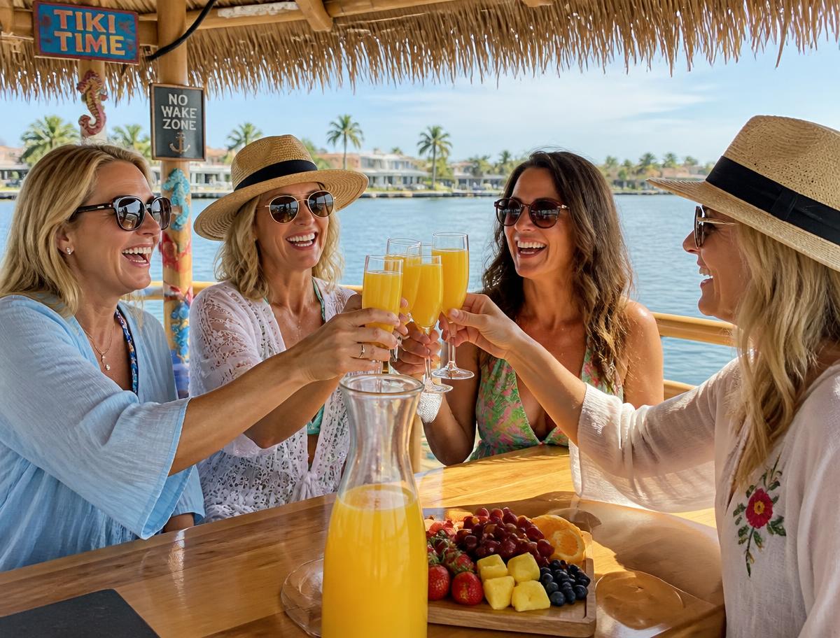 Guests toasting mimosas aboard a tiki boat cruise at Baytowne Wharf